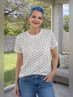 Karl Lagerfeld Paris Rhinestone Stud Tee XS Ivory Stretch Top NWT Chic T-shirt
